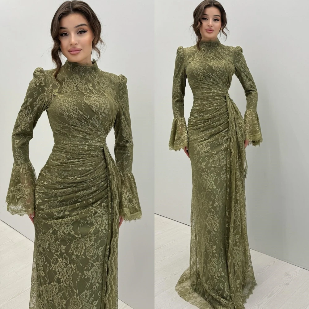 

Customized Formal High Collar Evening Dress Delicate Long Sleeves Prom Dresses Formal Sweep Train Special Occasion Gowns