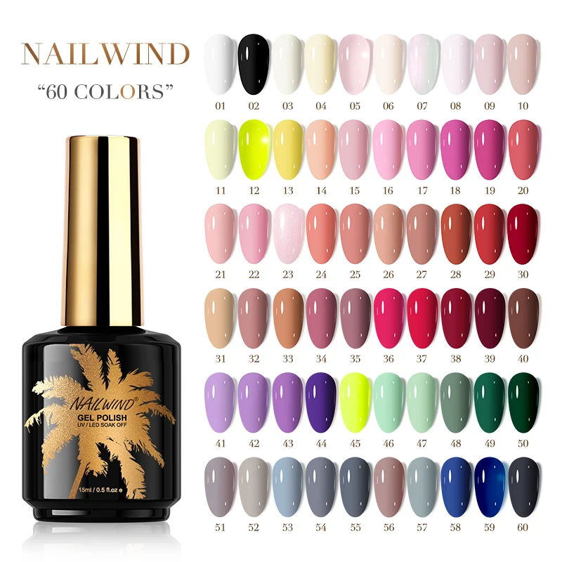 

NailWind 60 Colors Pure Colors Gel Nail Polish Semi Permanent UV Nail Gel Varnishes Soak Off Hybrid for Nail Art for Salon/DIY