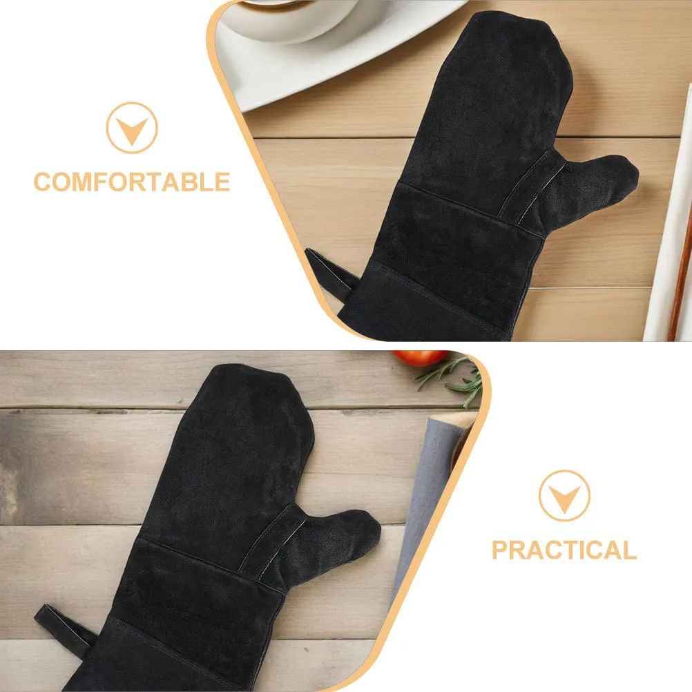 3 قطعة قفازات فرن معزولة للحرارة أسود شواء شواء الخبز القطن اصطف جلد البقر حماية قفازات الطبخ قفازات فرن الاصبع