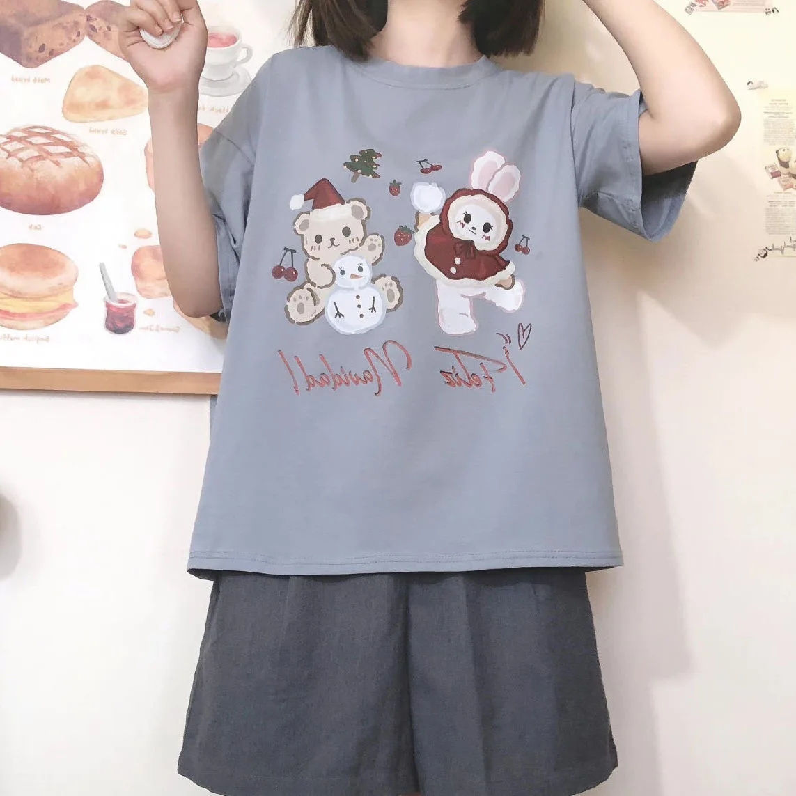 Japan Cartoon Print  Women Y2K Casual Tshirt Sweet Cute Bear Summer T shirt ForLoose Short Sleeve Tops JK Girls Oversized Tee