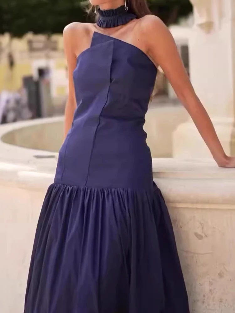 

Elegant High Waist Pleated Slim A-line Dresses Summer Hollow Sleeveless Women Long Dress Retro Solid Color Strapless Party Dress