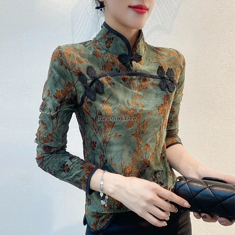 

2025 новый китайский ретро повседневный стиль ретро с принтом воротник-стойка с длинным рукавом рубашка Cheongsam женская элегантная мода Тан костюм топ