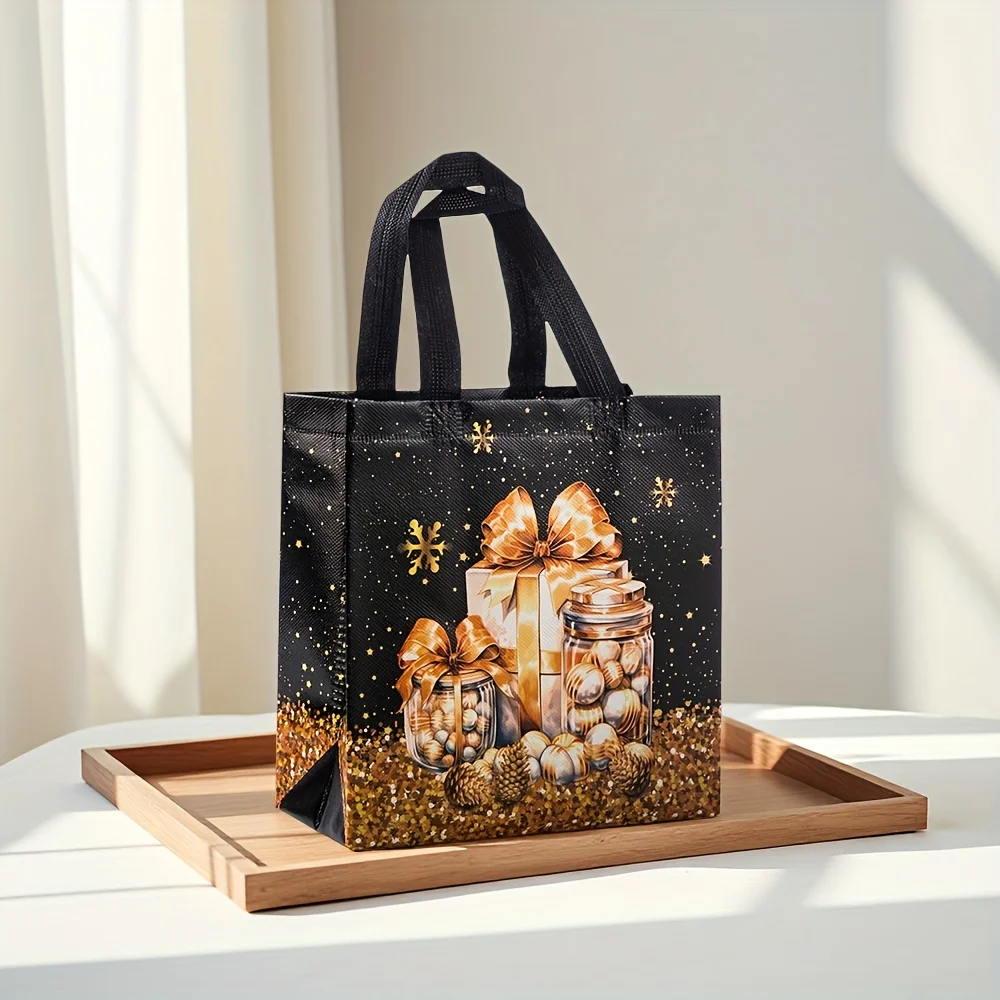 12/20 Stück festliche Weihnachtsgeschenktüten – Schneemann-, Baum- und Strumpfdesign, schwarz und golden mit Griffen, Weihnachtsgeschenktüten – Detail 7