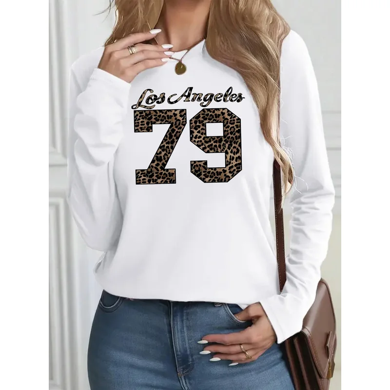Women's Long Sleeve T-Shirt Los Angeles 79 Leopard Print Letter Crew Neck Casual Loose Spring Fall Tops