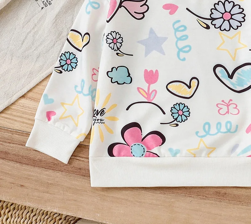 Kinderbekleidung, Mädchen-Hoodie, Rundhalsausschnitt, Graffiti-Blumenmuster, langärmeliges, lässiges Oberteil für Mädchen im Alter von 4-7 Jahren, Herbst-Hoodie – Detail 4