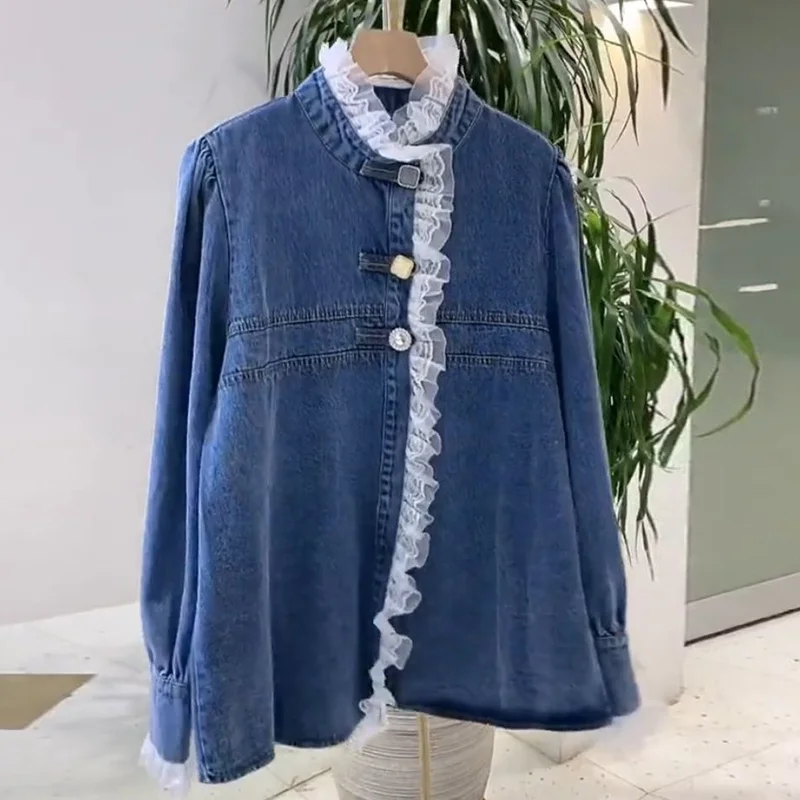 Spring Autumn Lace Stitching Chic Denim Shirt Women\'s Korean Sweet Loose Jean Blouse Fashion Long Sleeve Female Tops