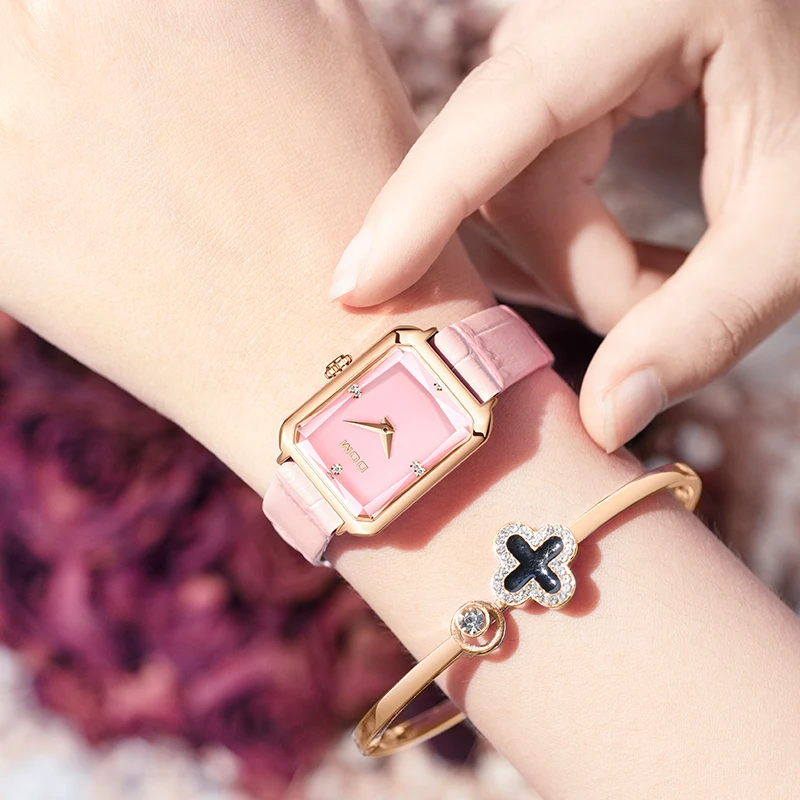 DOM 1370 Women's Square Quartz Watch Pink Fashion Elegant Simple Diamond Pointer Stainless Wristwatches for Ladies Watches
