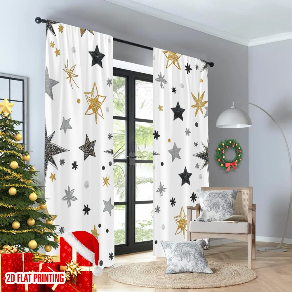 2 قطعة 2D الطباعة المسطحة نافذة الستائر نجوم سلس الذهب الأسود الرقمية المطبوعة البوليستر الستائر زينة الحفلات للصور
