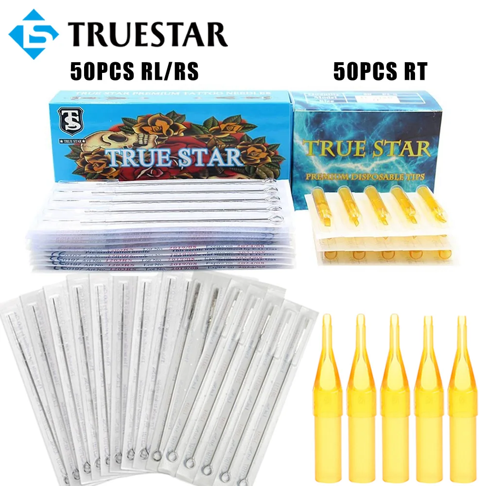 Tattoo Needles and Tips Set 50pcs Disposable Tattoo Needles & 50pcs Yellow Tattoo Tips Tubes for Tattoo Machine Grip Tubes