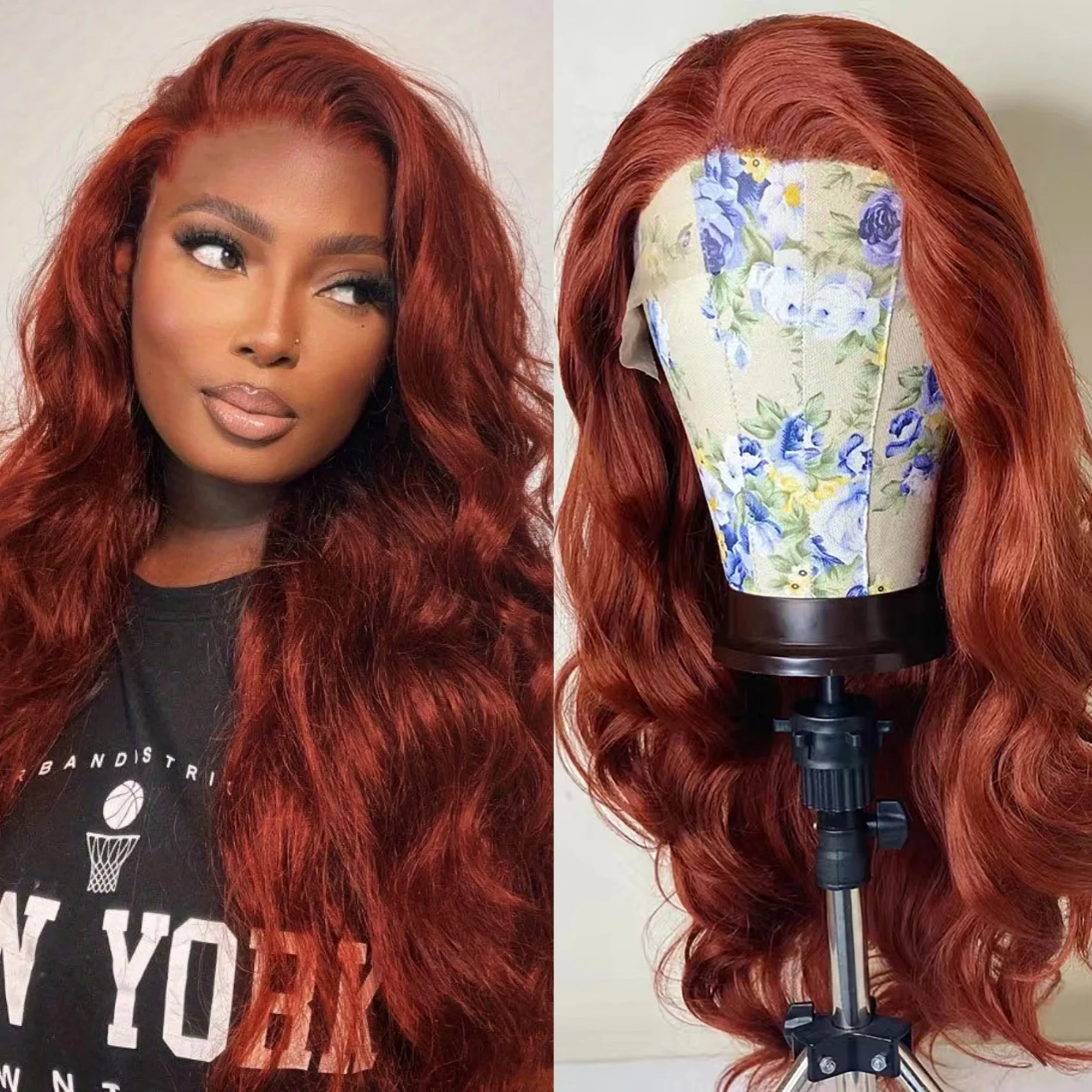 RDY Reddish Brown Wig Body Wave Synthetic Lace Front Wig Glueless Auburn Colored Copper Red Hair Frontal Lace Wigs for Women