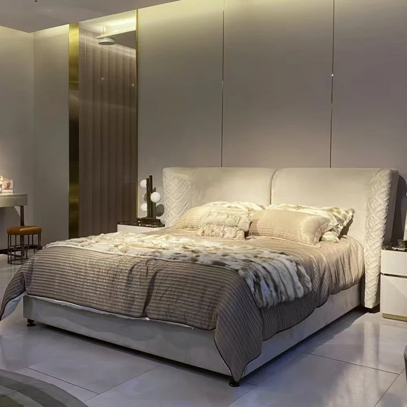 

Aesthetics Light Luxury Bed European Genuine Leather Wedding Headboard Bed Fashionable Master Bedroom Muebles Nordic Furniture