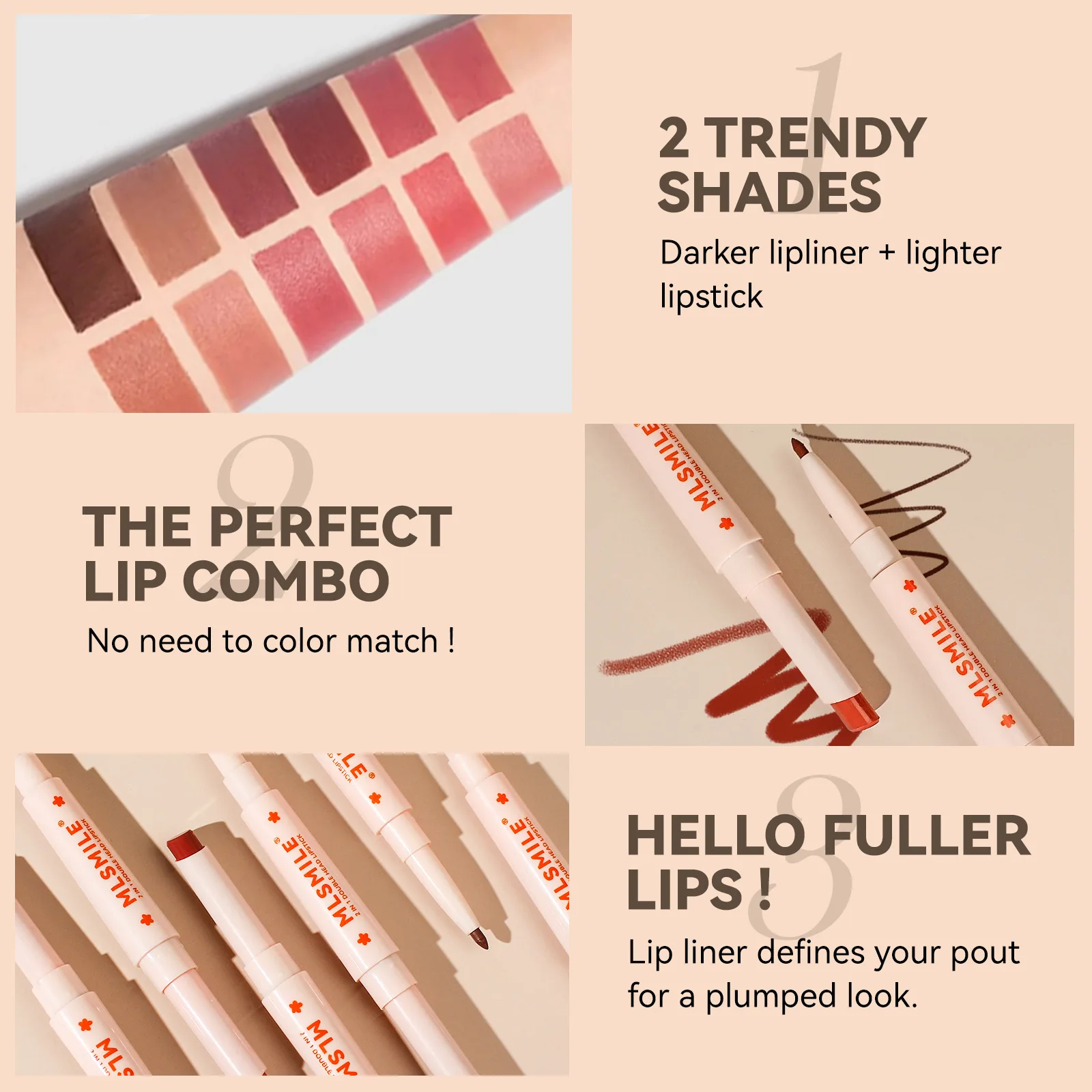 MLSMILE 6 Color Double-sided Lipstick Matte Smooth Lightweight Finish Waterproof Long-lasting 2 in 1 Lip Line Lipstick Set 2.1g