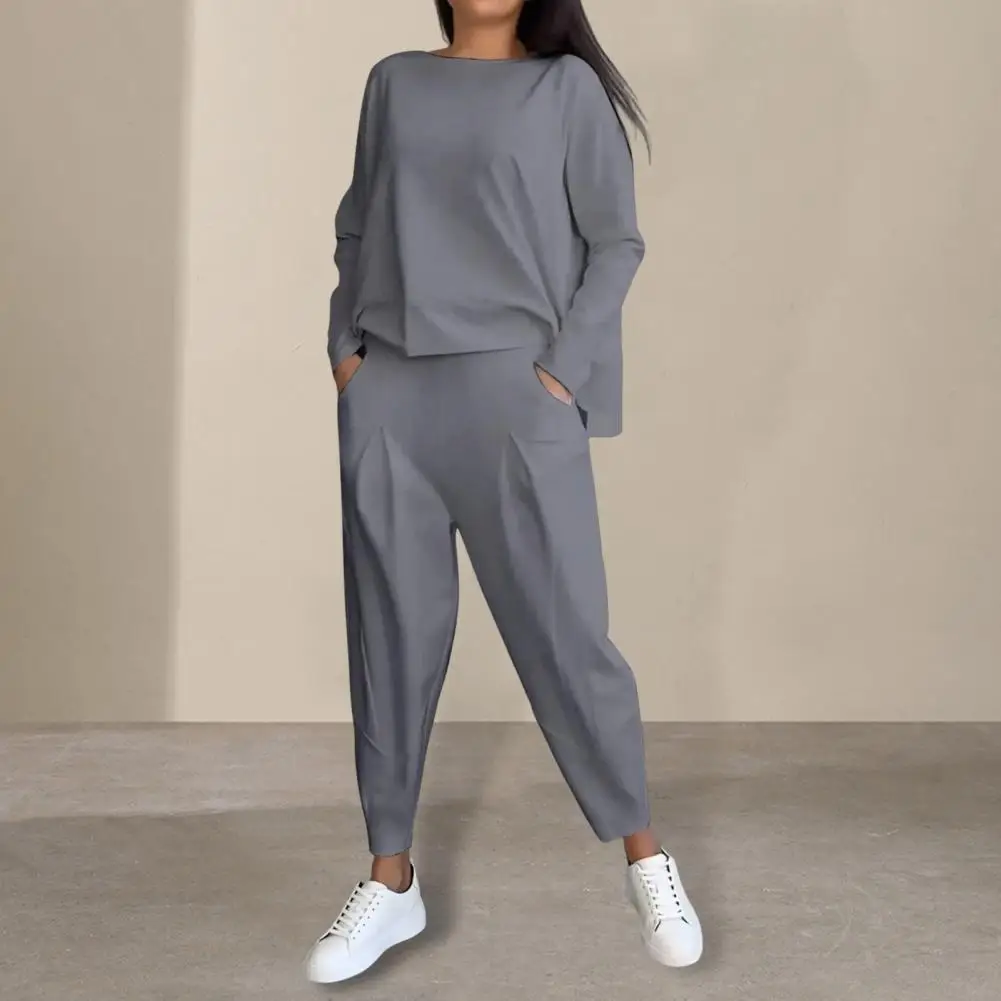 

Women Top Pants Suit Elegant Women's Top Pants Set With Long Sleeves O Neck T-shirt Elastic Waist Trousers For Fall For Work