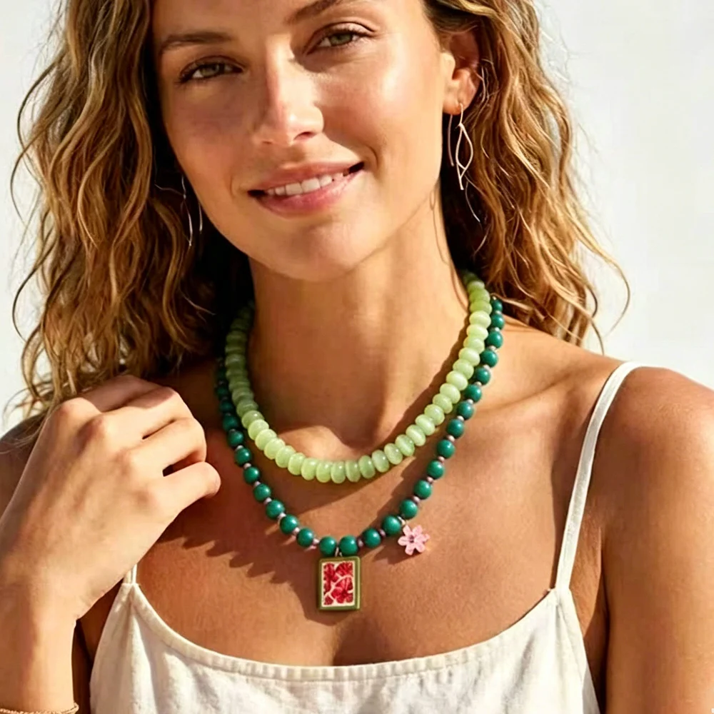 

2026 Summer Bohemian Green Resin Beaded Double-layer Choker Necklace for Women Pendant Necklaces Fashion Jewelry Gifts