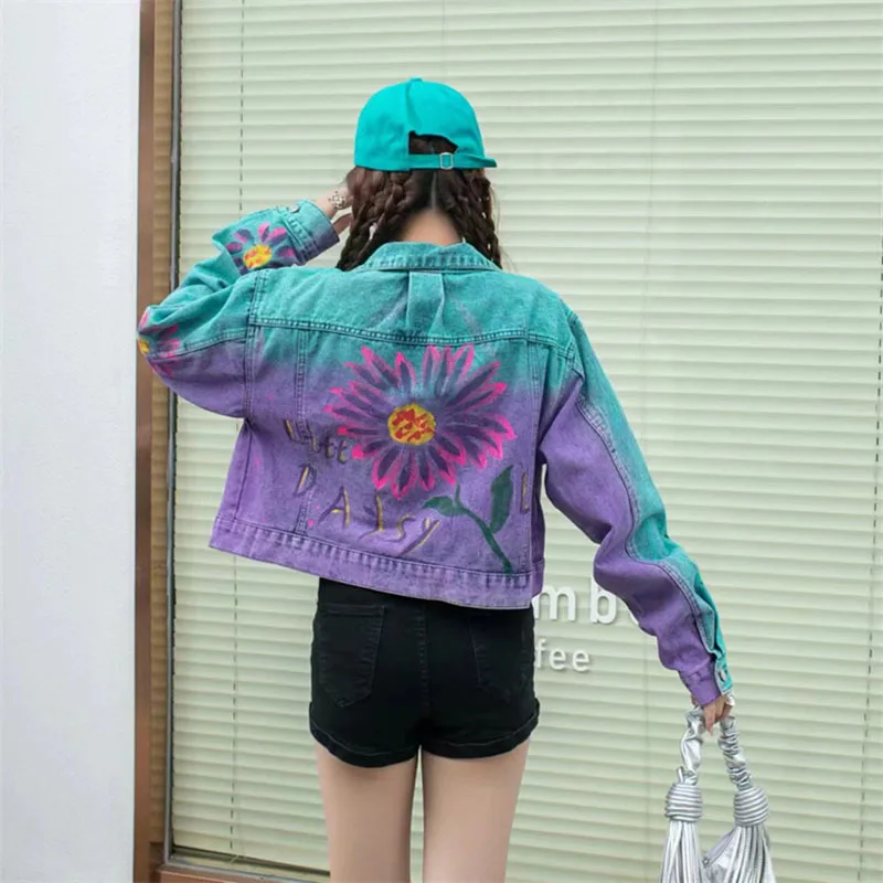 Fashion Hand-painted Graffiti Letters Flower Print Gradient Denim Jacket Women Casual Short Coat Spring Autumn Korean Streetwear