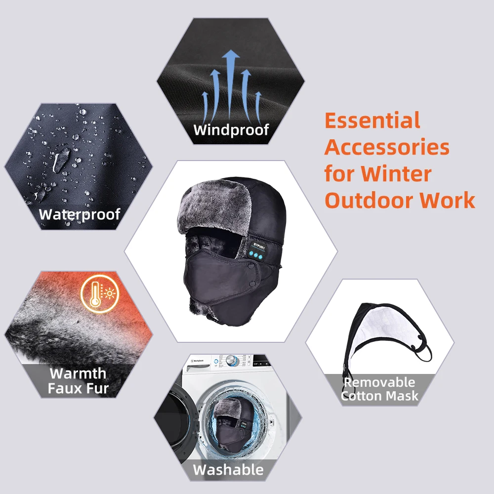 Winter Trapper Hat for Men Women Warm with Bluetooth Wirelesss Headphones, hats music bluetooth Beanie with Ear Flaps Face Cover