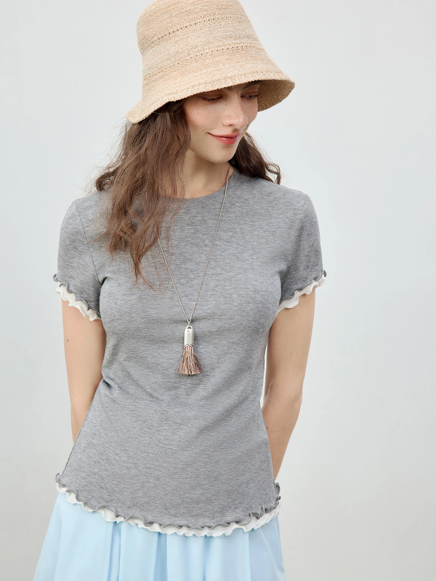 ZIQIAO Petite Size Women's Short-Sleeved Collared Ruffle-Trimmed T-Shirt Set with Color-Blocking and Slimming Effect 25ZQ92307