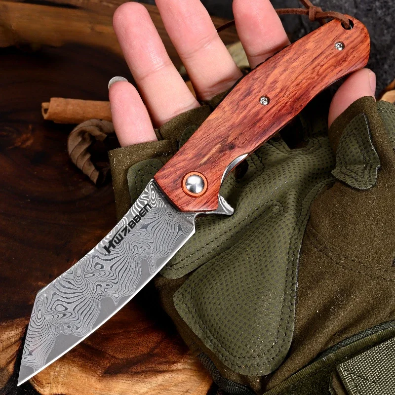 HWZBBEN J243 cuchillo plegable táctico de supervivencia Damasco mango de madera EDC cuchillo de bolsillo utilidad multiherramienta herramienta de mano autodefensa