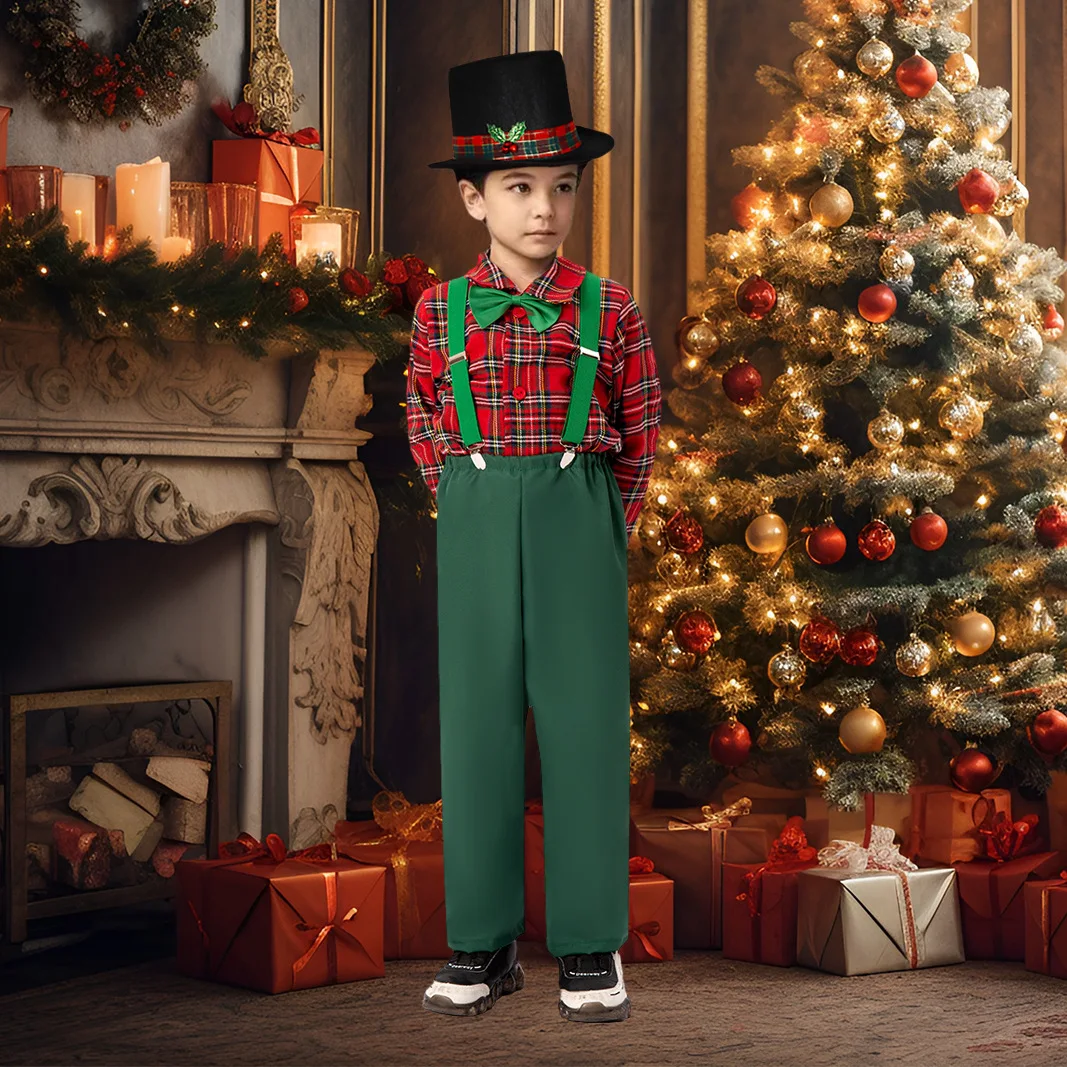 

Christmas Costumes Children's Performance Outfits Scottish Style Suspenders Trousers Festival School Party Stage Clothes