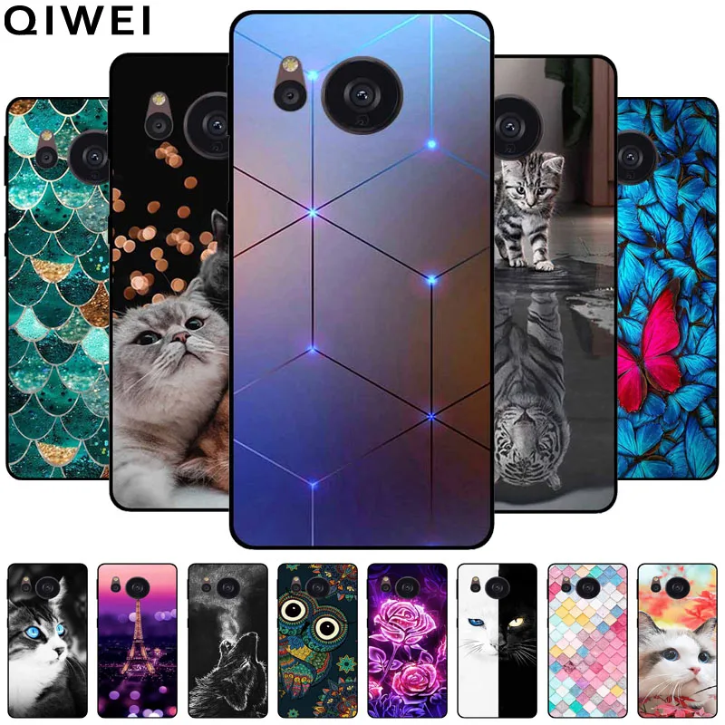 For Sharp Aquos Sense 7 / 7 Plus / 8 Case Black Silicone TPU Soft Phone Cover for Aquos Sense8 SH-54D SHG11 Cases Cute Cat Print