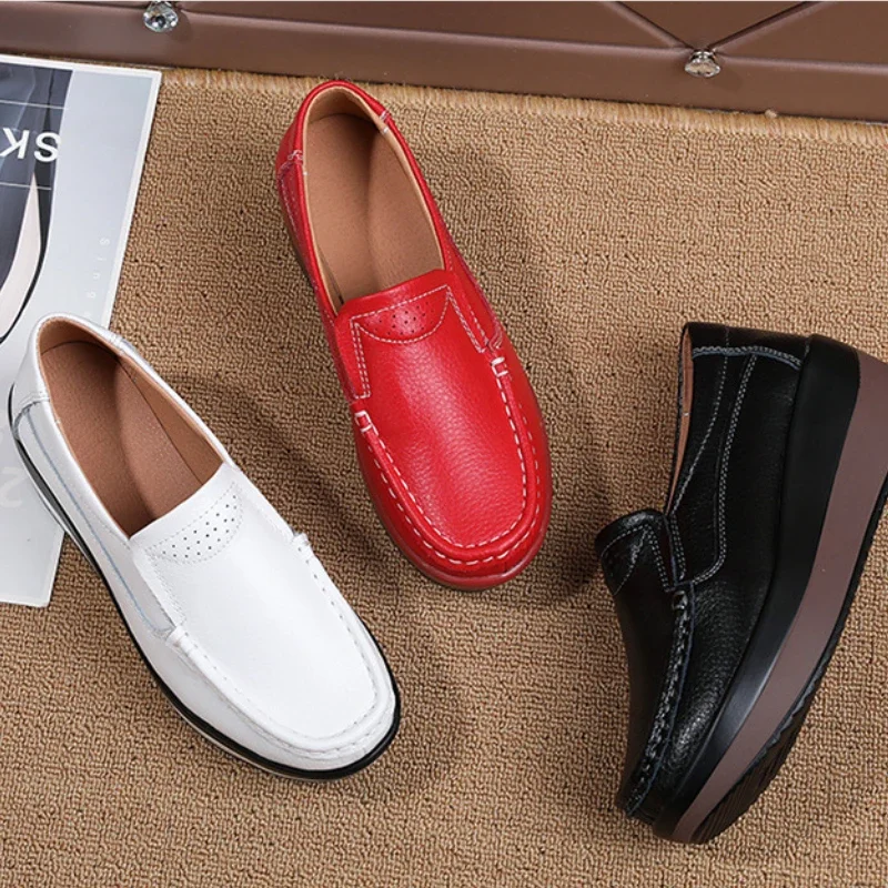 Platform Flats Loafers for Women Autumn Thick Bottom Casual Leather Walking Sneakers Round Toe Wedge Shoes Zapatos De Mujer