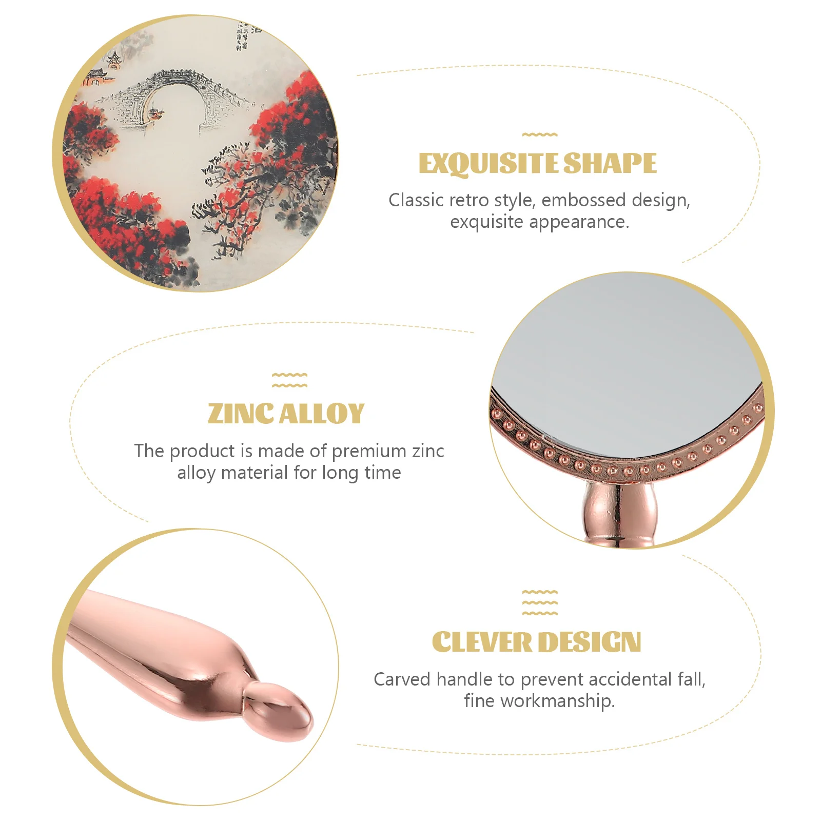 

Vintage Handheld Makeup Mirror Premium Zinc Alloy Compact Size Ergonomic Handle Lightweight Portable Travel Hand Mirror