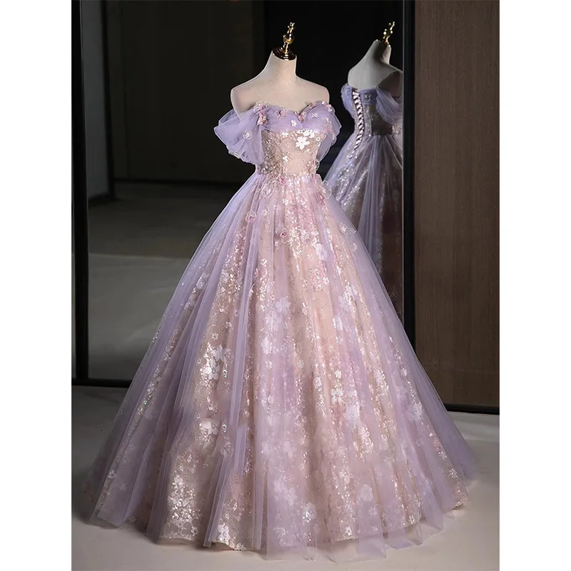 3D Applique Evening Dress Elegant Off Shoulder Formal Banquet Dresses Floor-Length Princess Fluffy Dresses Birthday Party Gown