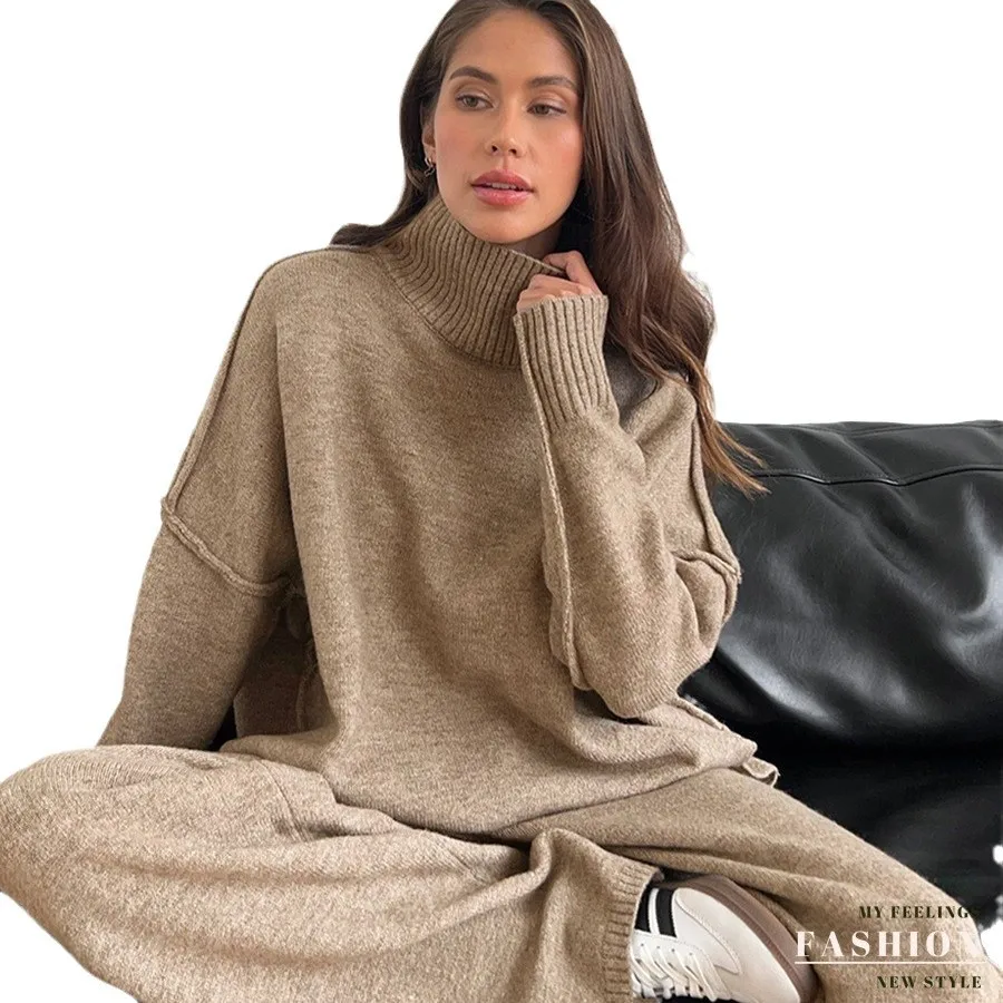 Herfst Winter Dames Tweedelige Sets Pure Kleur Coltrui Gesplitst Vrouwelijke Trui Losse Verdikte Gebreide Broek Voor Lady