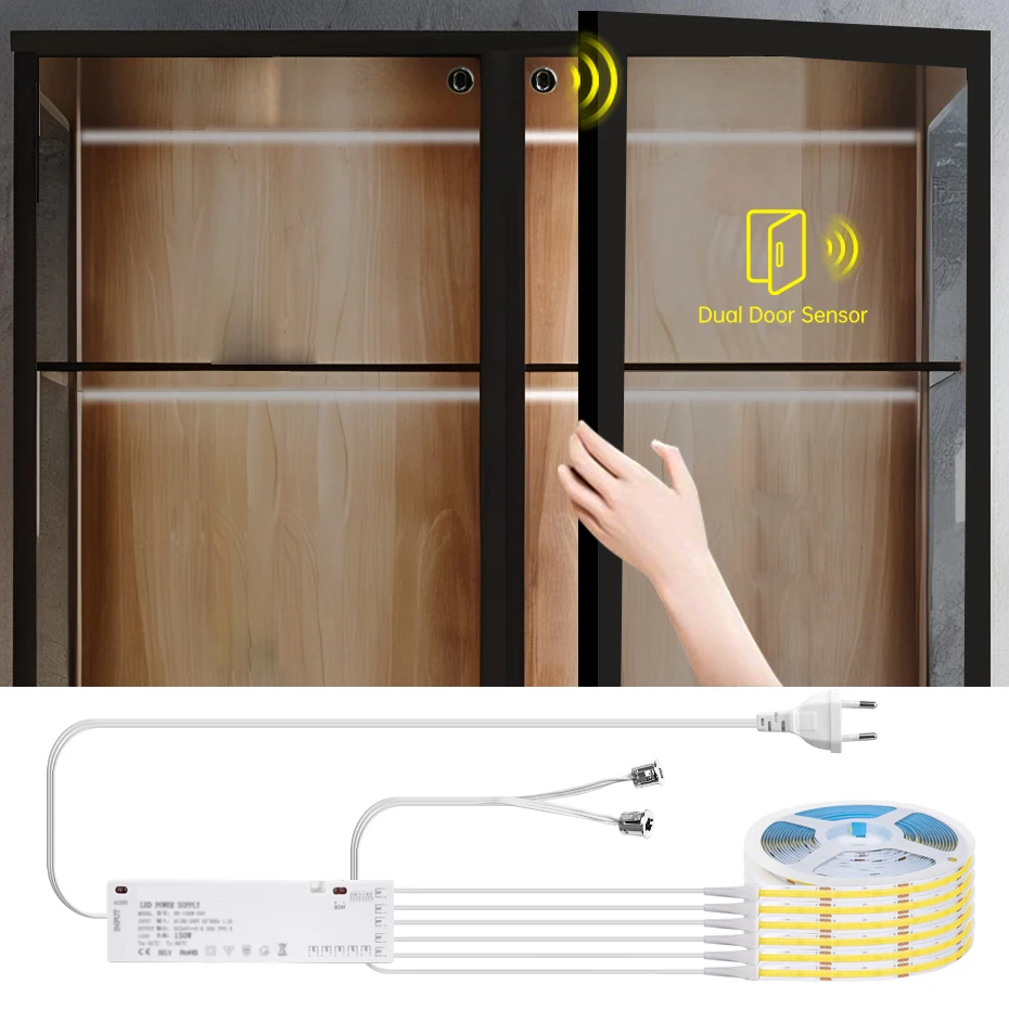

DC 12V AU EU US UK Plug Double Door Sensor Control COB LED Strip Light Smart Cabinet Lamp Tape For Showcase Wardrobe Lighting