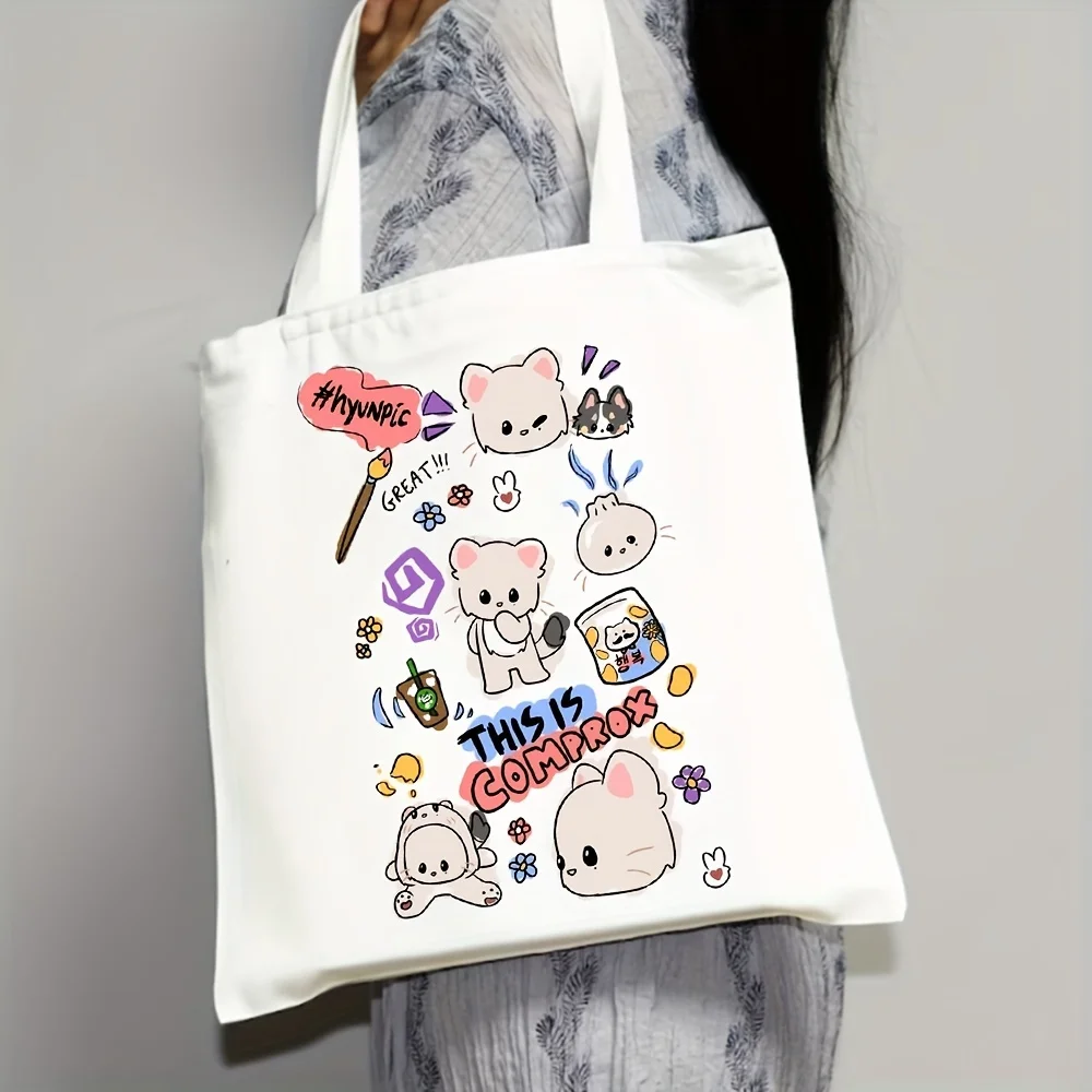 Kawaii Canvas Shoulder Bag, Cartoon Colorful Animal Print Handbag, Portable Anime Tote Bag Shopping Bag