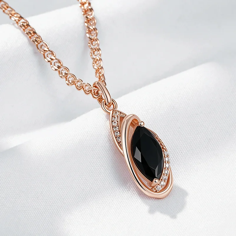 Wbmqda Unique Rhombus Black Stone Pendant Necklace For Women 585 Rose Gold Color Vintage Zircon Jewelry Accessories