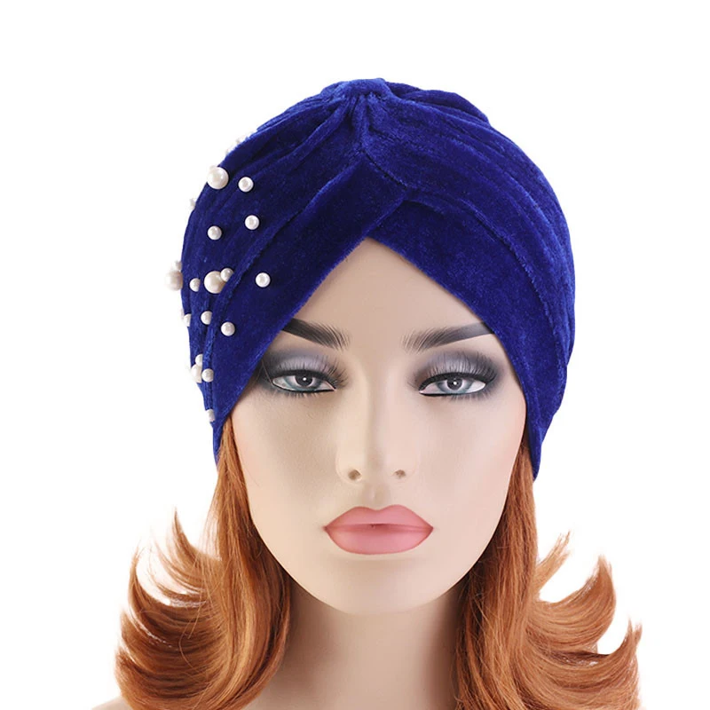 

New Fashion Style Casual Beaded Pearls Stretch Velvet Turban Beanies Headwrap Turban Hat Women Velvet Hijab Headwear Muslim Hats