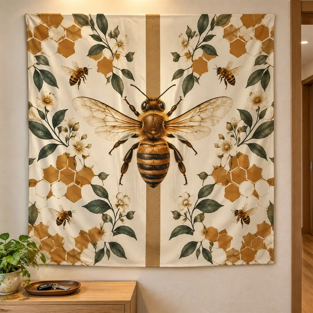 VIKAMA Honeycomb Bee Tapestry Wall Hanging, Honeycomb Pattern Nature Aesthetic Room Decor Tapestries for Kitchen Living Room