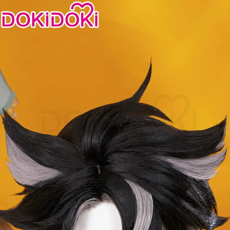 IN MAGAZZINO Wriothesley Parrucca Gioco Genshin Impact DokiDoki Uomini Capelli Corti Neri Grigi Fontaine Wriothesley Cosplay Trame con cappuccio gratuito