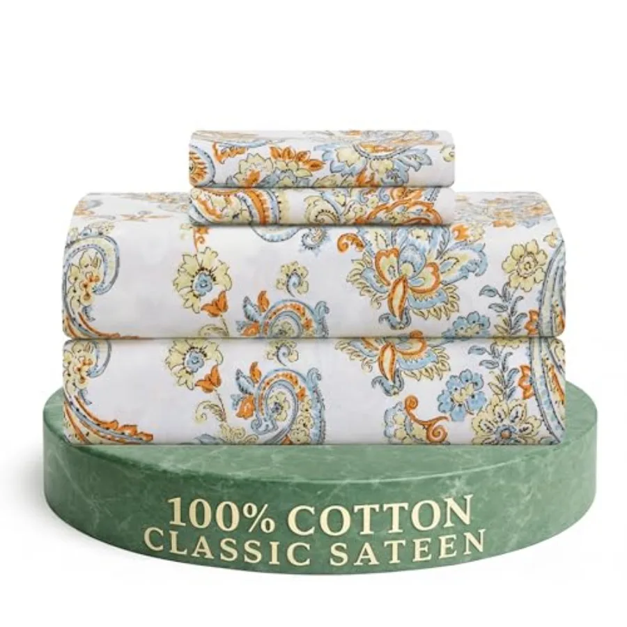 

Комплект постельного белья Feather and Stitch из 100% хлопка, сатиновое переплетение, 300 ТС, с принтом, охлаждающий и дышащий, 4 предмета, 16-дюймовая резинка