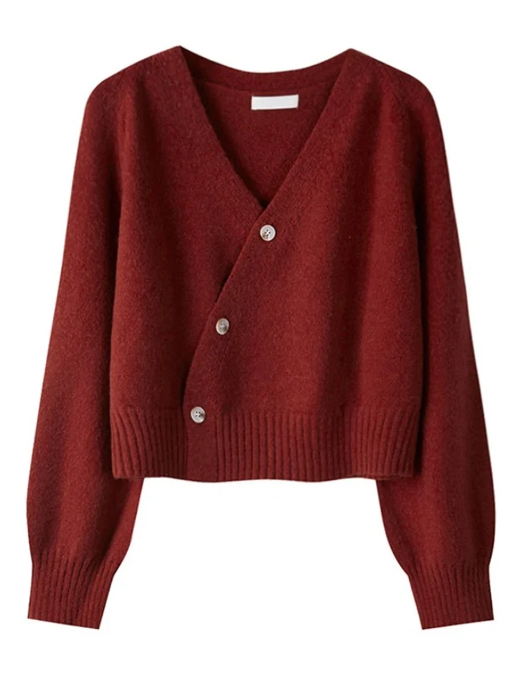 

Women Knitted Long Sleeve Tops Autumn Winter Skew Button Cardigan V-neck Sweater Korean Loose Solid Cashmere Woman Sweater