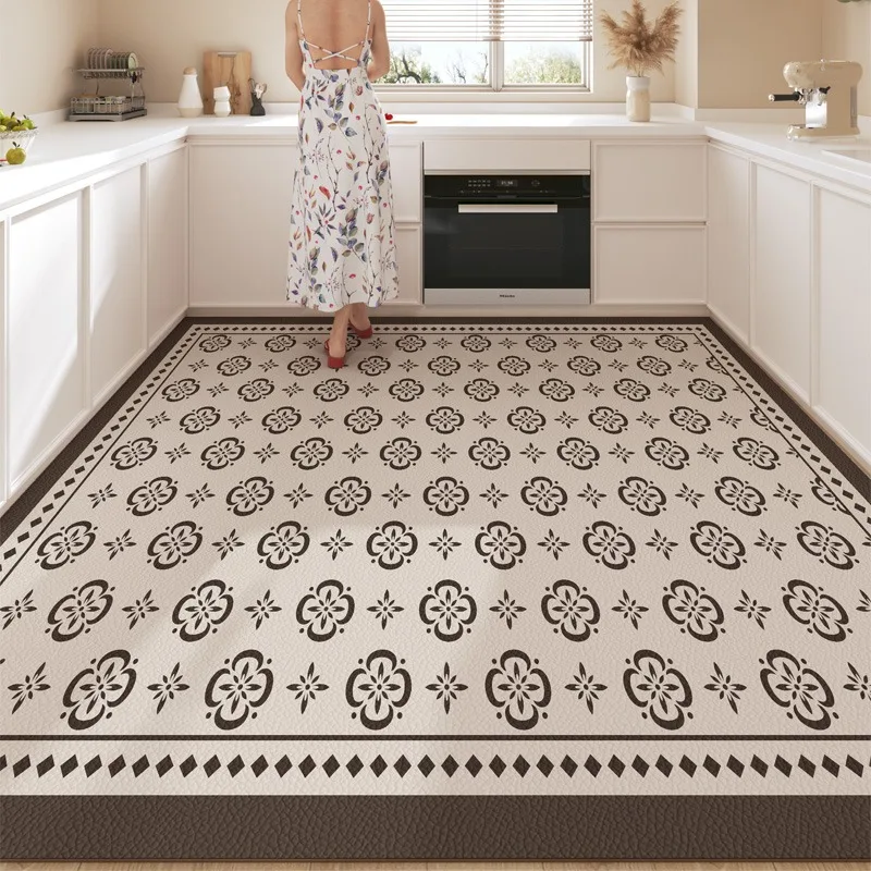 Kitchen Carpet Full Non-slip Oil-proof Floor Mat PVC Leather Wipeable Washable Rugs Black White Large Size Home Decoration Mats