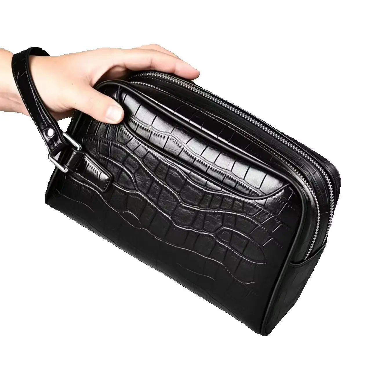 Men's Double Zipper Crocodile Pattern PU Handbag Fashion Simple Business Commute Large Capacity Bag
