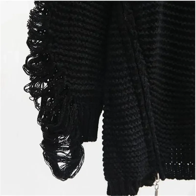 Women Long Sleeve Loose Casual Hollow Out Knit Pullover Jumper 2024 New Fall Fashion Side Zipper Ripped Black Sweater Holes Top