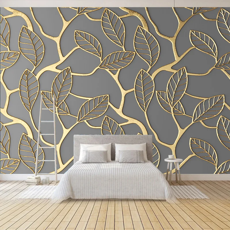 Custom Any Size Wall Cloth 3D Gold Papel Pintado De Pared  Leaves Mural Living Room Bedroom Decoration Wall Paper Roll Fresco