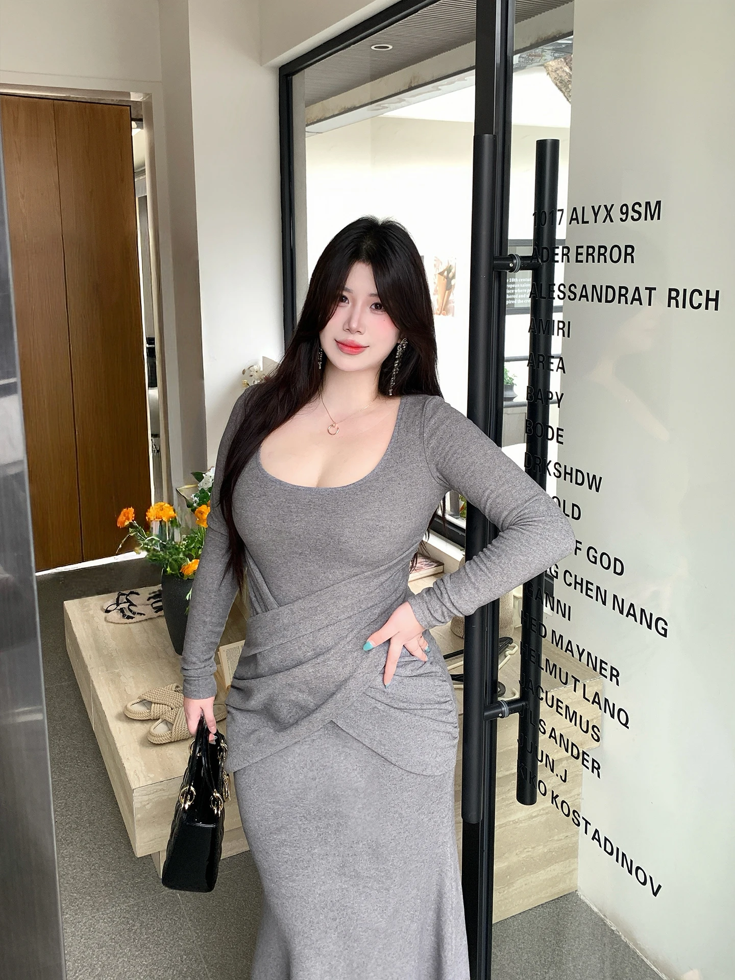 

Slimming Sexy Large Size Women's Dr Square Collar Knot Folded Design Body a Butt Covering Skirt Breathable Long Sve