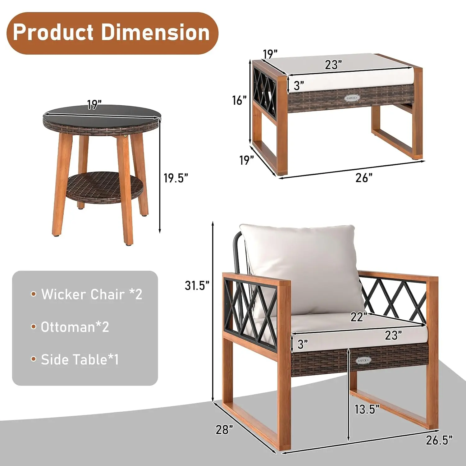 5-Piece Patio Rattan Sofa Set, Outdoor Acacia Wood Chair & Ottoman with 2-Tier Table for Porch Balcony Garden, Customized