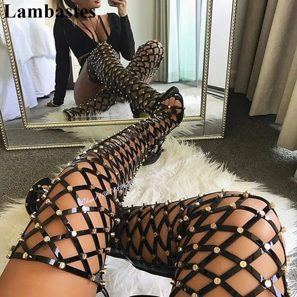 

Thigh High Black Net Rivets Sandals Over The Knee Thin High Heel Women Shoes Back Zipper Open Toe Sexy Occidental Style Sandals