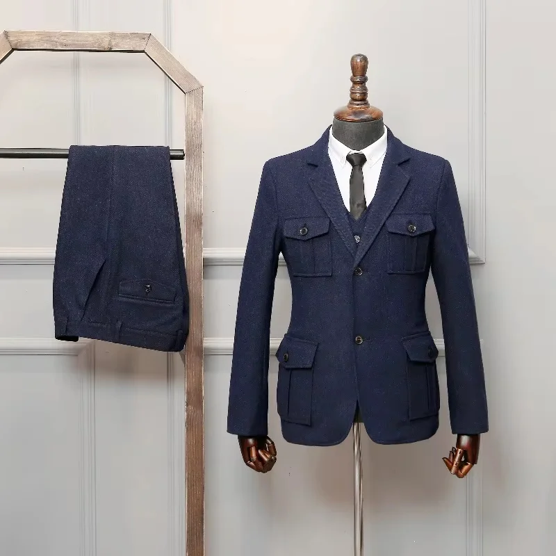 

Куртка, брюки, жилет, мужские костюмы, комплект из 3 предметов, винтажная шерстяная одежда в охотничьем стиле с несколькими карманами, верхняя одежда больших размеров, зима 2025 г.