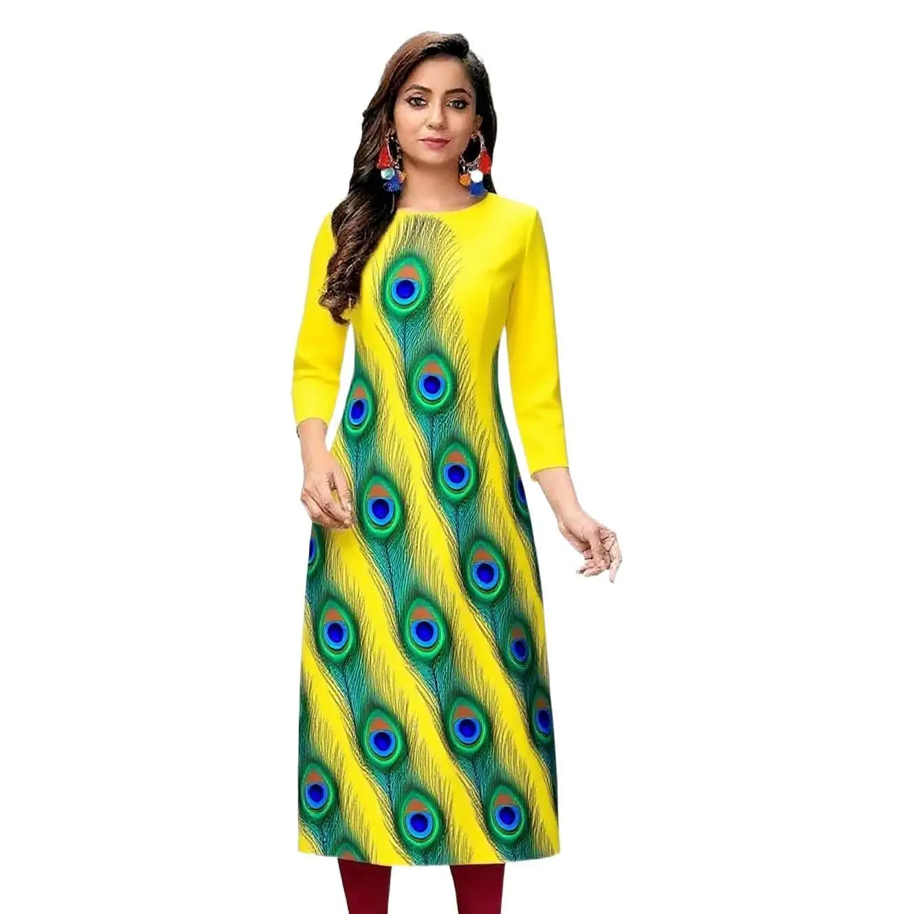 Kurt women's casual fashion dress long sleeved straight tube casual ethnic peacock round neck regular size design sense 2026