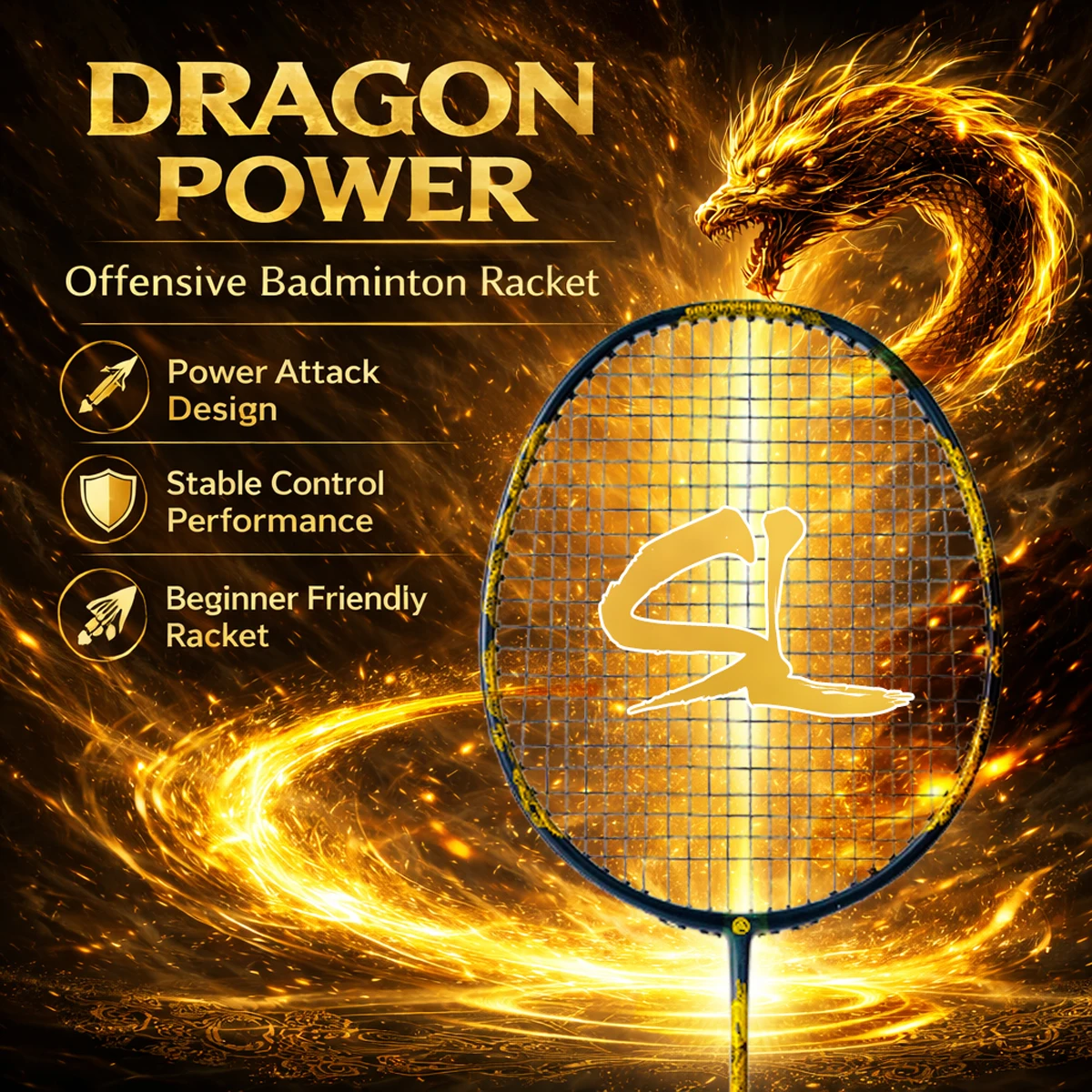 

ALPSPORT Dragon Advent 4U 26LBS Full Carbon Badminton Racket Offensive Training Strung with Bag for Beginners