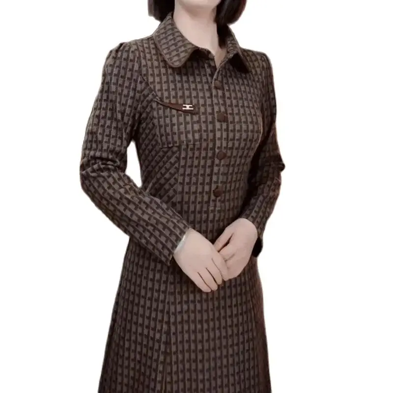 

2024 Elegant Dress Coat New Women's Spring Autumn Mid-Long Fashion Button Dresses Long Sleeve Vestidos Female