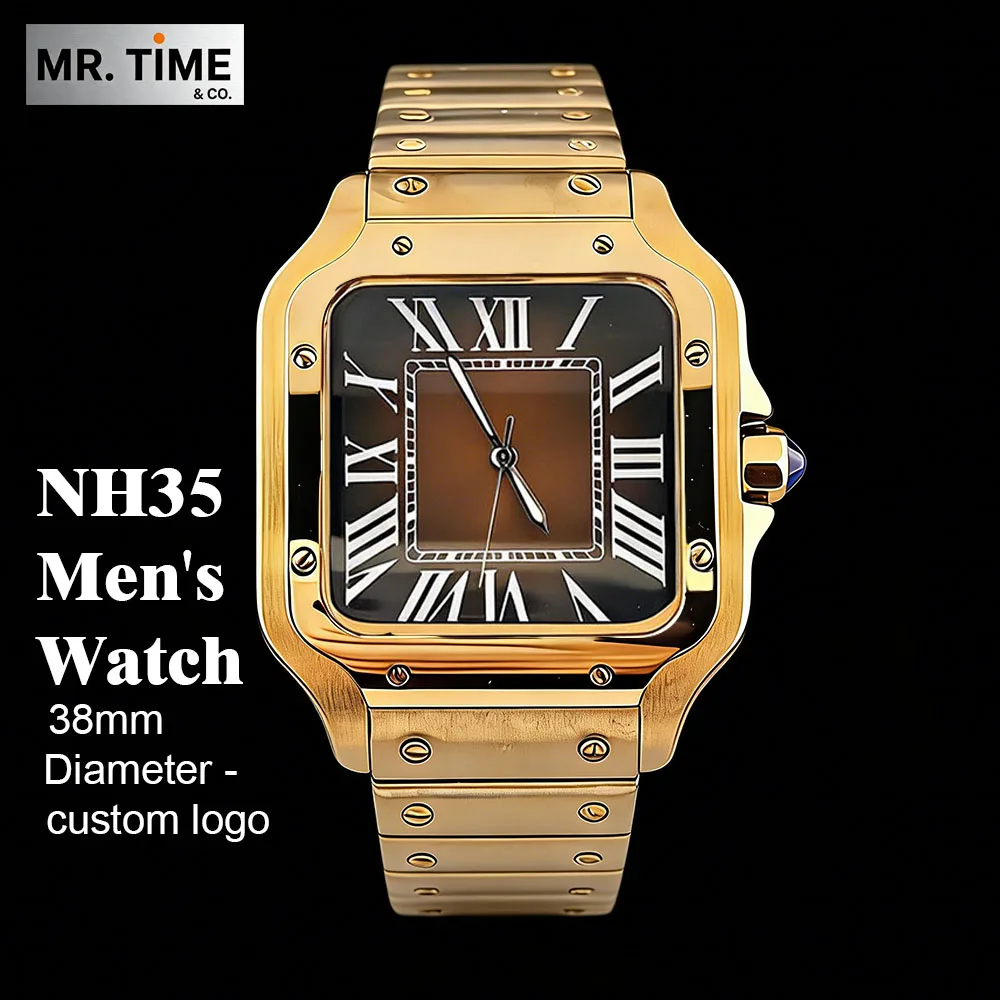 

Rose gold NH35 square case men's stainless steel automatic mechanical watch customized logo suitable for NH35 watch accessories