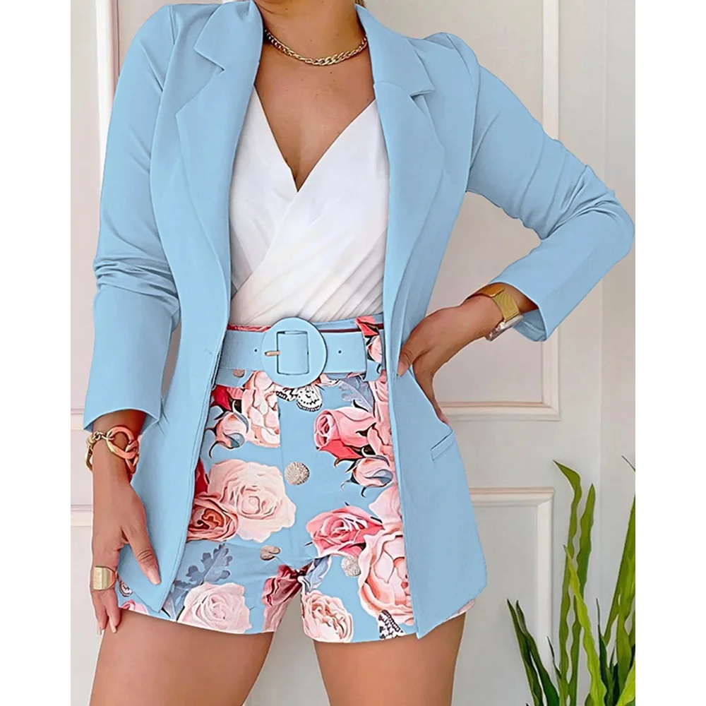 

Women Nothched Collar Long Sleeve Blazer Top & Floral Print Belted Shorts Set Two Pieces Elegant Office Casual Outfit
