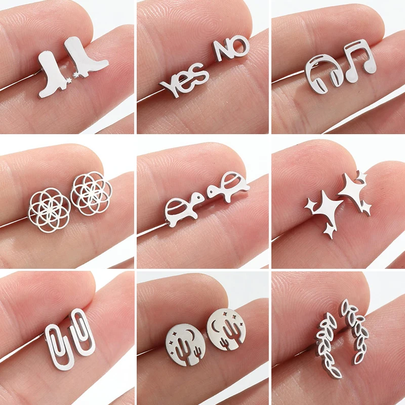 Minimalist Stainless Steel Earrings Women Multiple Style Boots Music Leaf Mouse Stud Earring Cool Girls Cowboy Hat Studs Gift